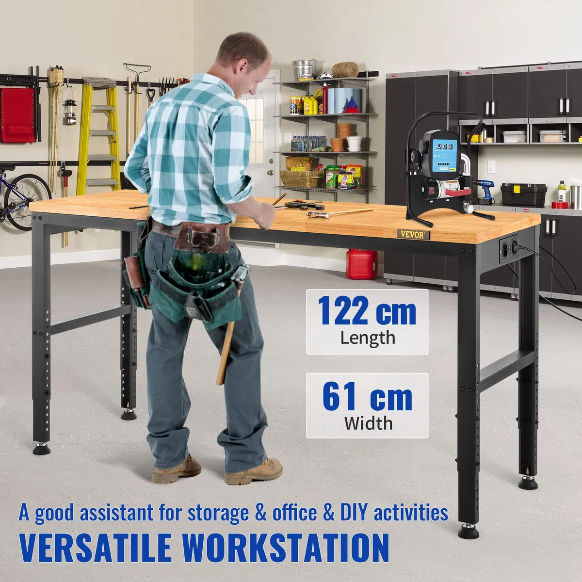 VEVOR Höhenverstellbare Werkbank 122 x 61 x 72-97 cm Spanntisch, 900 kg Gewichtskapazität Arbeitstisch, Braun Klappbare Werkzeugbank aus Kaltgewalzter Stahl, Multifunktionswerktisch für Werkstatt