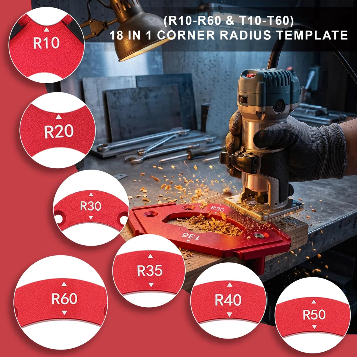 7 Stück Frässchablone Oberfräse, Aluminium Eckradius- Frässchablone Oberfräse für Holzbearbeitung, R10–R60 T10–T60, 3-in-1 Radius Jig für perfekte Innen, Außenrundungen & Fasen