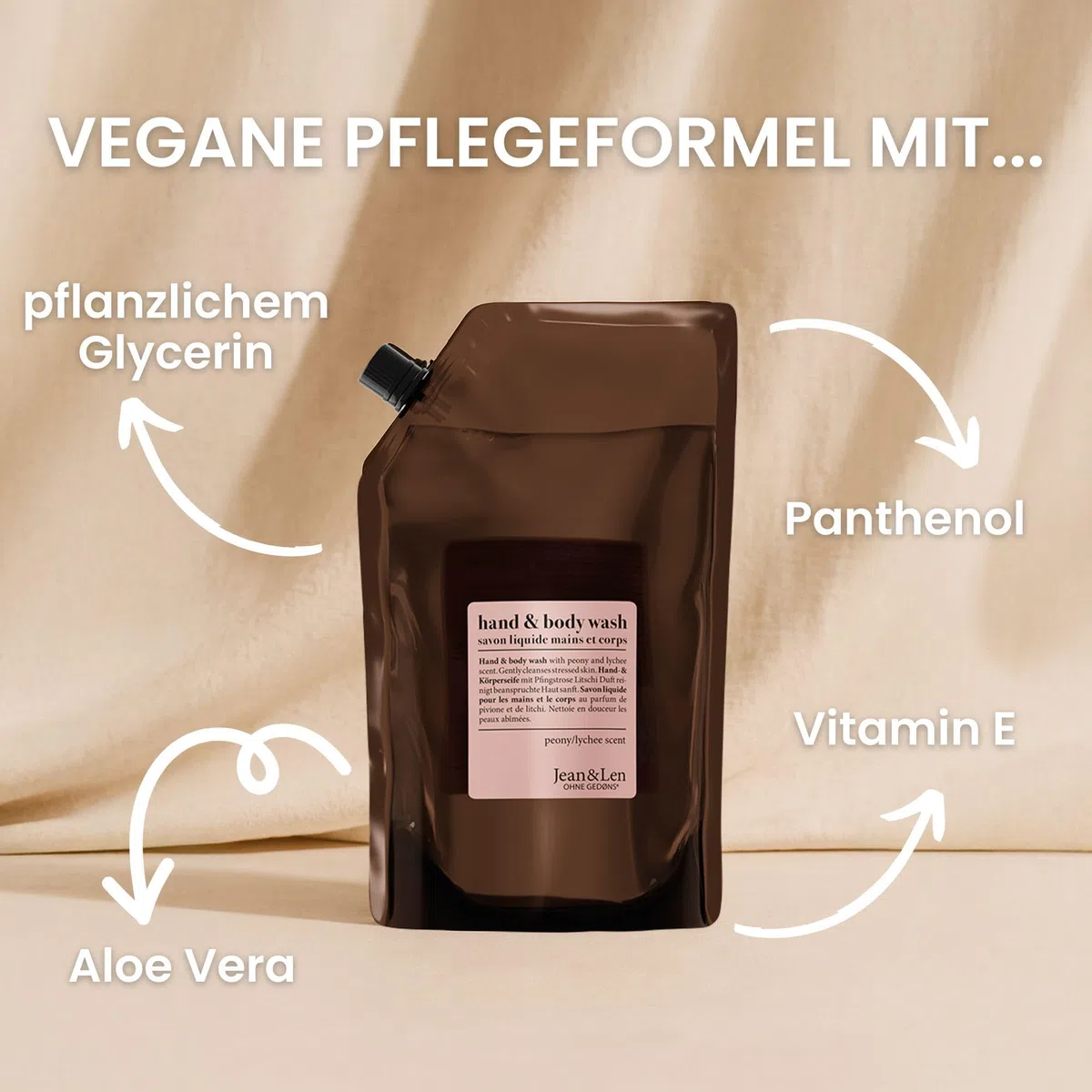Jean & Len Hand & Body Wash Pfingstrose & Litschi, reinigt und pflegt die Haut beim Waschen, blumig-zarter Duft, Flüssigseife im Nachfüllpack, ohne Parabene & Silikone, vegan, 1,5L
