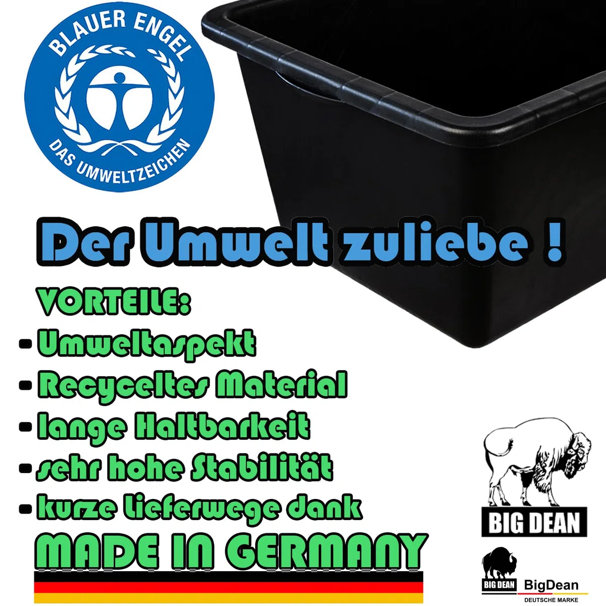 BigDean 3x Mörtelkasten 90 Liter Eckig Miniteich Baueimer - 79 x 49 x 30 cm - Speiswanne Zementwanne Mörtelwanne - Made in Germany - Blauer Engel