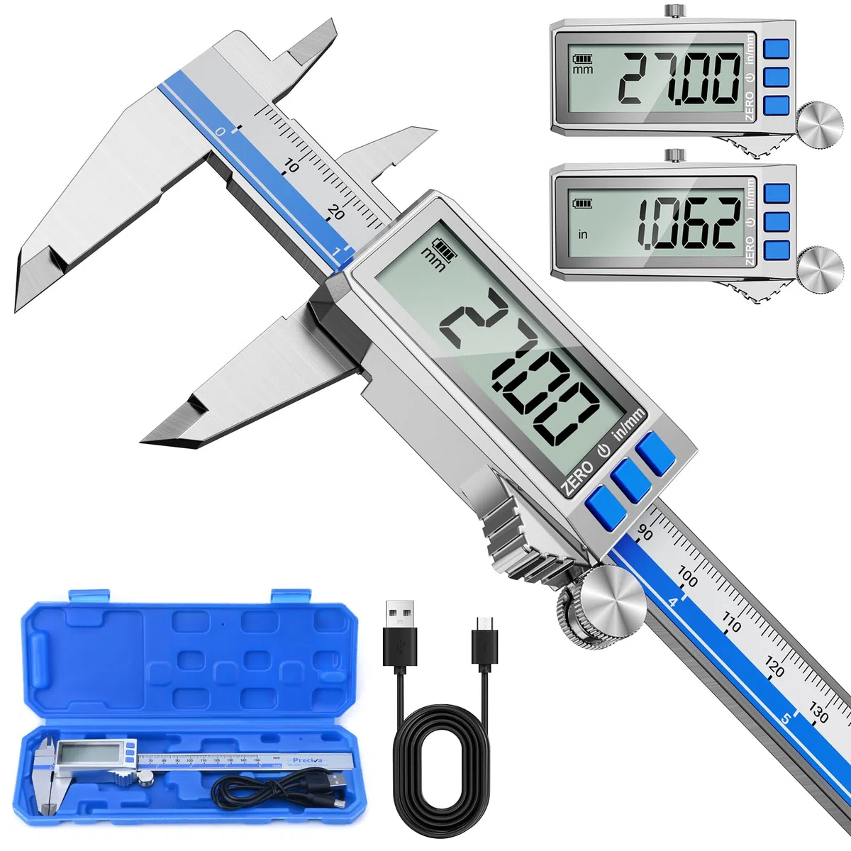 Preciva Digitaler Messschieber Aufladbar, 150 mm/0-6 Zoll Schieblehre Edelstahl, IP54 Schutz, LCD Display mit Automatischem Abschalten, Messwerkzeug für Haushalt, DIY und Industrie