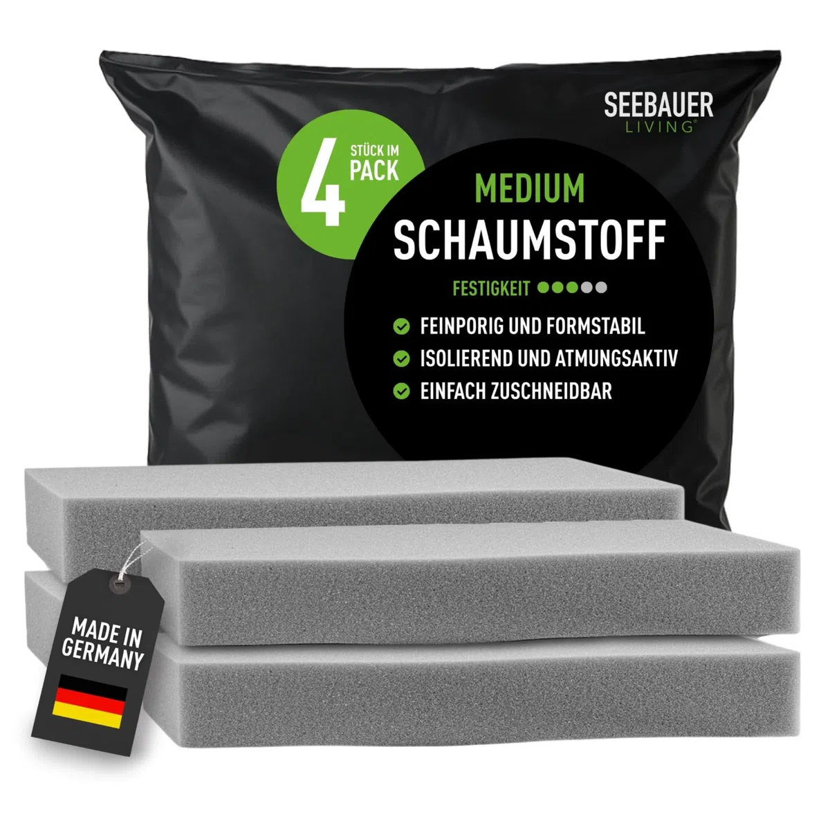 Schaumstoff-Set MEDIUM RG 35/40 (Mittelfest) 45 x 45 x 5 cm (4er Vorteilspack) Schaumstoffplatte für Polster und Sitzkissen, Polsterschaumstoff als Zuschnitt für Sitzpolster