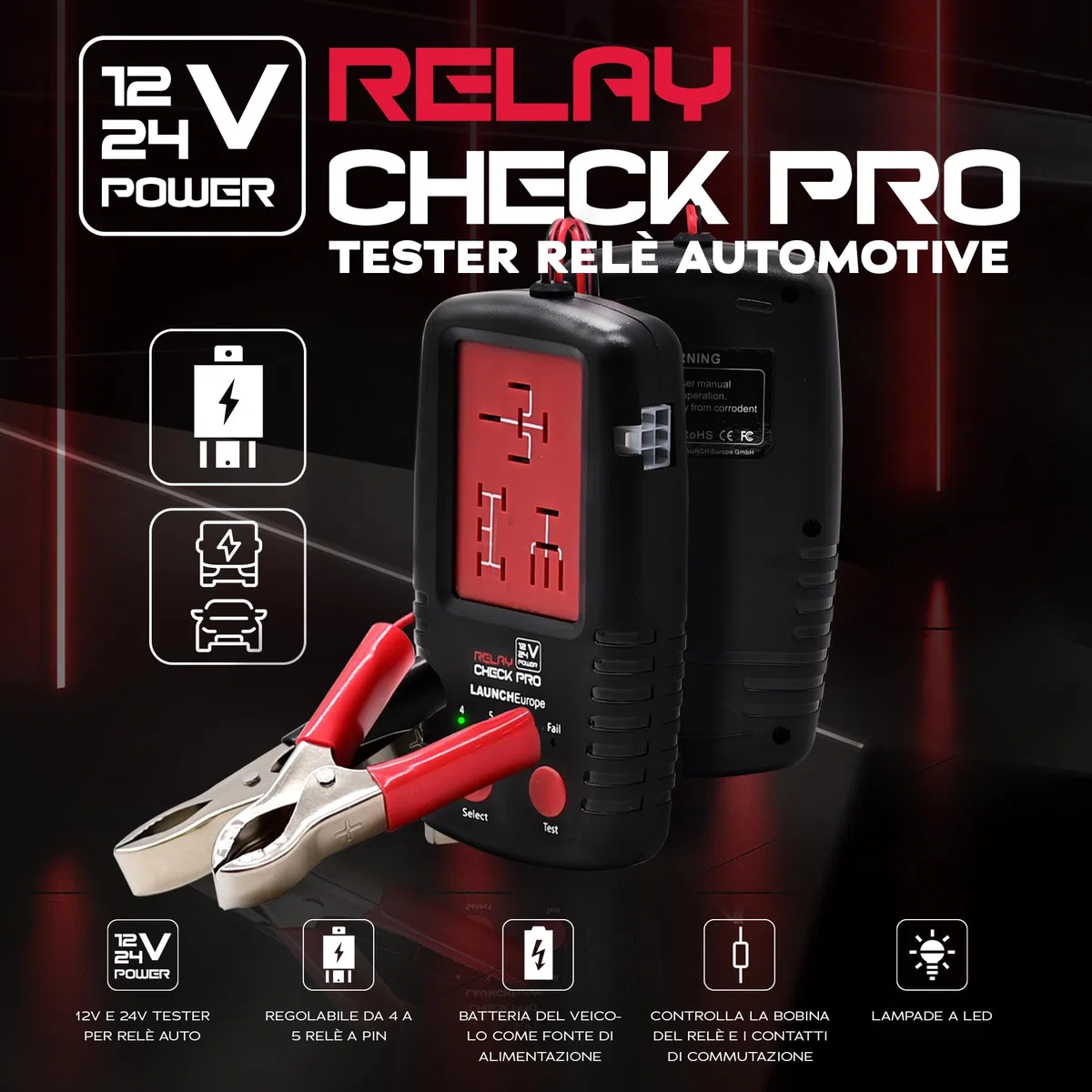 LAUNCH Europe RelayCheck Pro 12V/24V Relais Tester PKW LKW, Auto-Pin-Erkennung für 4/5-Pin, Belastete Kontaktprüfung, LED-Fehlercodes & Tasche, tragbares Diagnosegerät für KFZ & Industrie