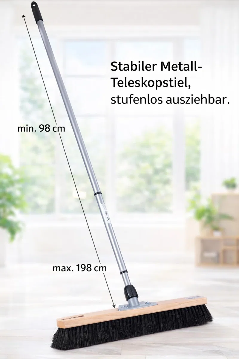 Weicher Rosshaar Saalbesen 50cm Breit mit Teleskopstiel Stiel Besen | Naturhaar, Metallstiel verstellbar max. 200cm, Sehr weiche Borsten, Sehr gute Staubbindung, Für glatte Böden