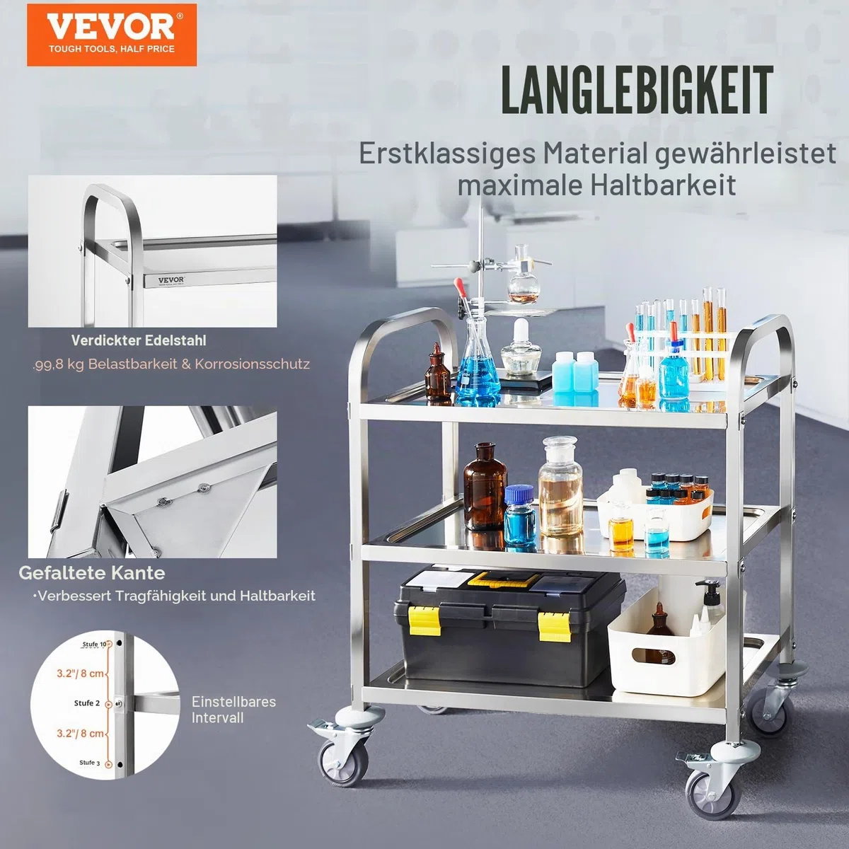 VEVOR Laborwagen Gerätewagen Medizintechnik Servierwagen 201 Edelstahl Tragbar Abräumwagen 100 kg Tragfähigkeit, 740 x 396 x 860 mm Labor Rollwagen Medical Trolley Dreifach-Design Silber