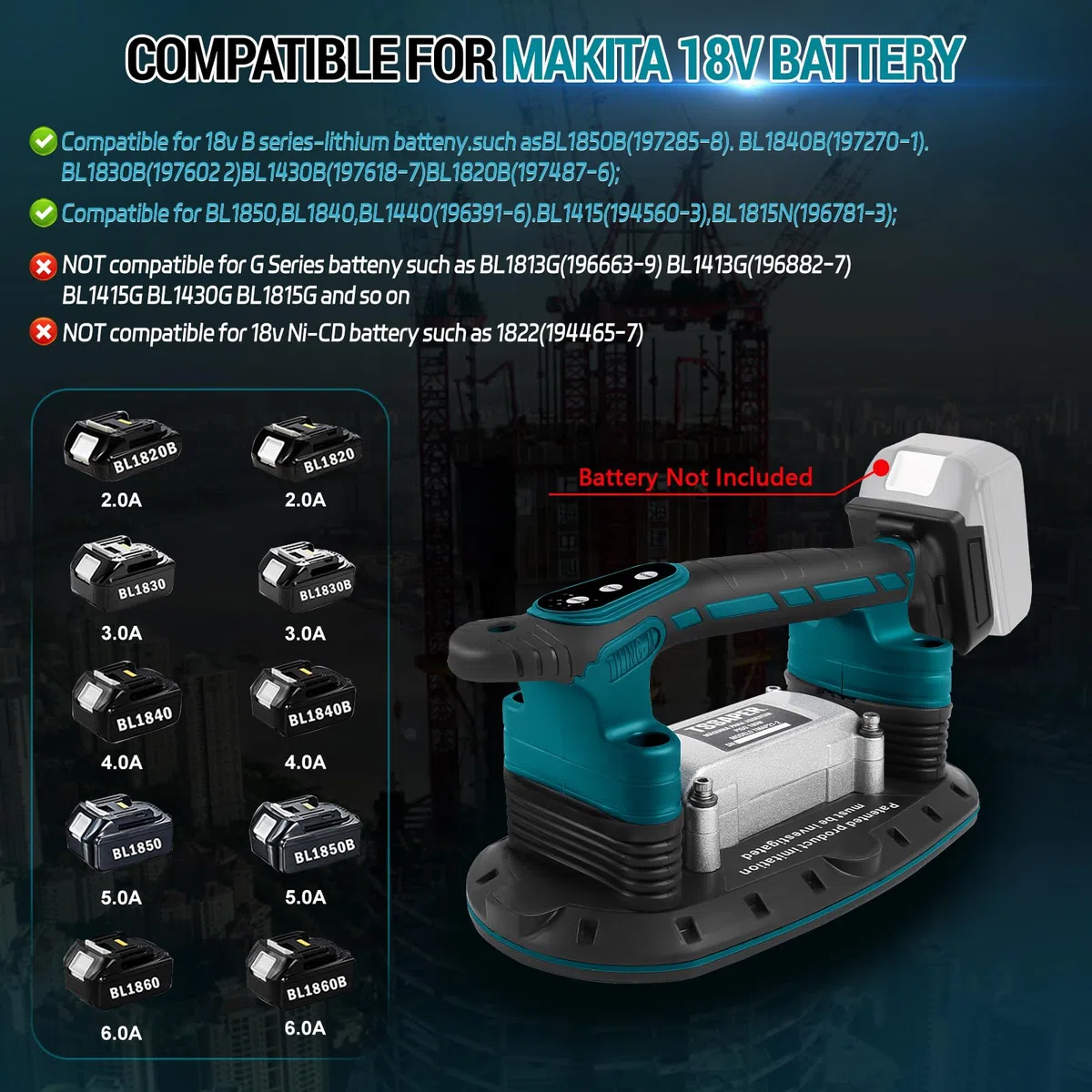 2 IN 1 Akku Fliesenrüttler & Saugnäpfen Kompatibel mit Makita 18V-Batterie, 6 Gang Einstellbaren, 400kg Adsorption Fliesen Vibrationsgerät Fliesenvibrator für 2,4m Fliesen Wandfliesen (Ohne Akku)
