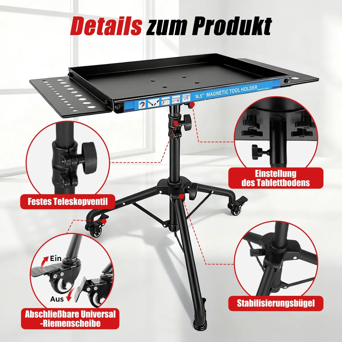 Mobile Werkbank mit Rollen, Höhenverstellbarer Werktisch mit Magnetstreifen, multifunktionale Arbeitstisch für die Garage, Reparatur Werkstatt Haushalt DIY
