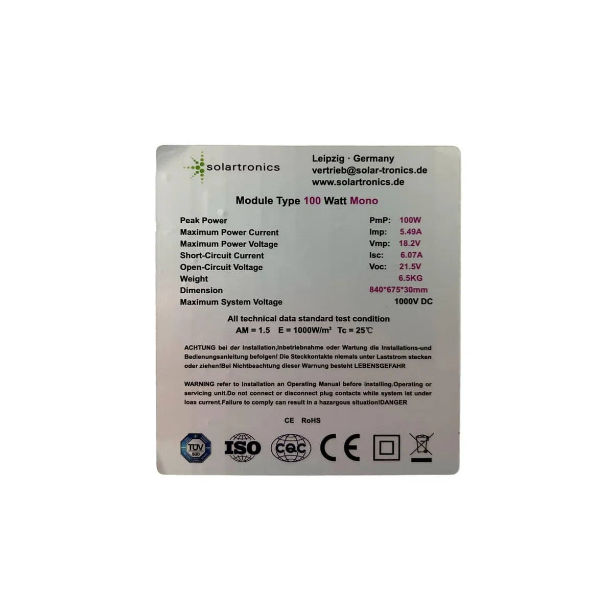 SOLARTRONICS Solarmodul 100 Watt Mono 18 V 20 Busbars Solarpanel Solarzelle Anzahl 2x Modul
