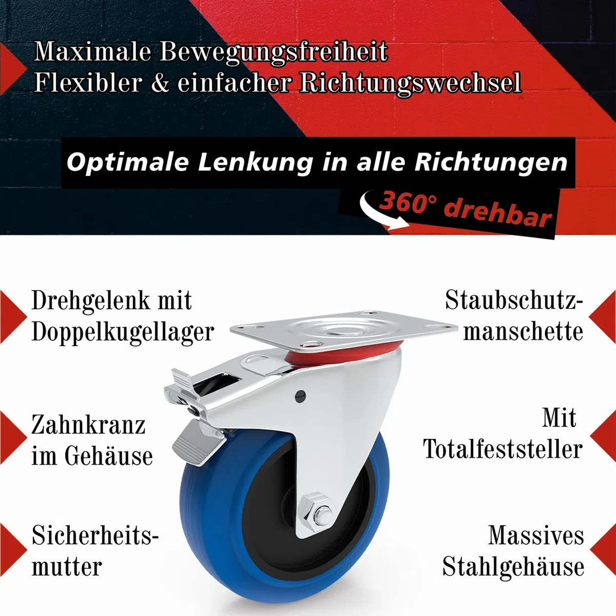 Transportrollen mit Bremse 100mm Möbelrollen Schwerlast - Bockrollen Set Gummi Rollen Blue Wheels Lenkrollen für Rollbrett Werkstatt schwere Möbel Palettenmöbel Rollwagen Räucherschrank Werkzeugwagen