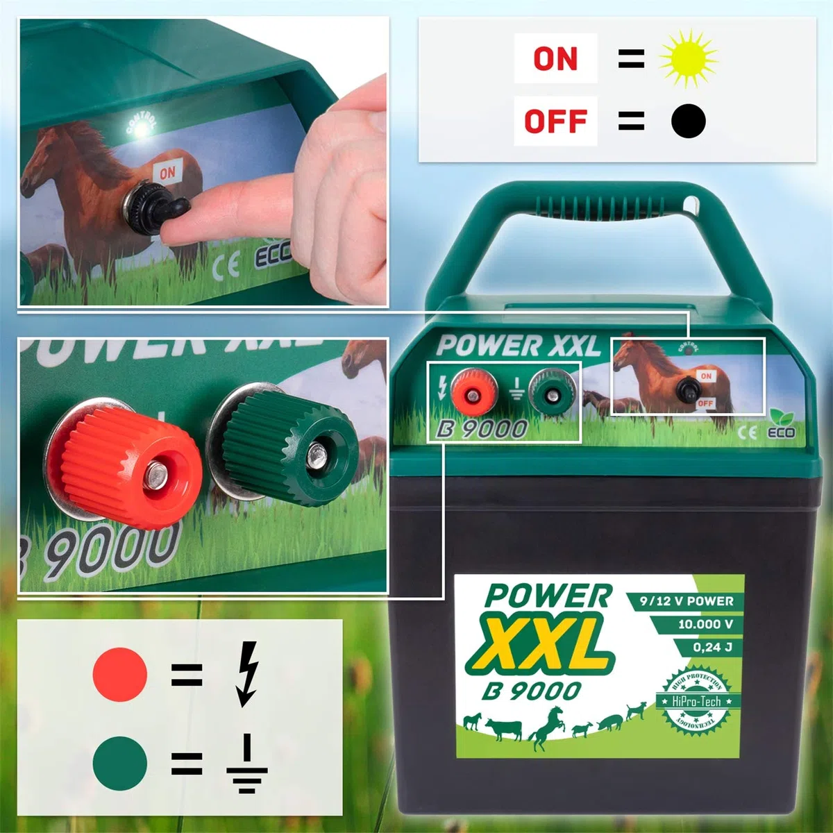 B 9.000 Effektives Weidezaungerät 9V/12V Elektrozaungerät für einen sicheren Weidezaun, Pferd, Pony, Rind