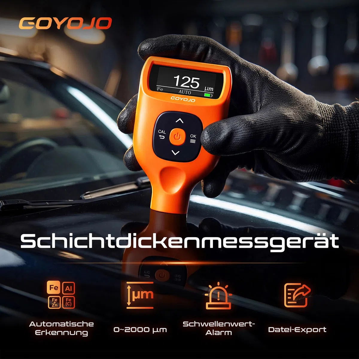 GOYOJO Lackdickenmessgerät Auto 0–2000 μm – Schichtdickenmessgerät Digital für Auto Karosserie, Misst auf Stahl Aluminium Zink, Ideal für Gebrauchtwagenprüfung mit Auto-Erkennung