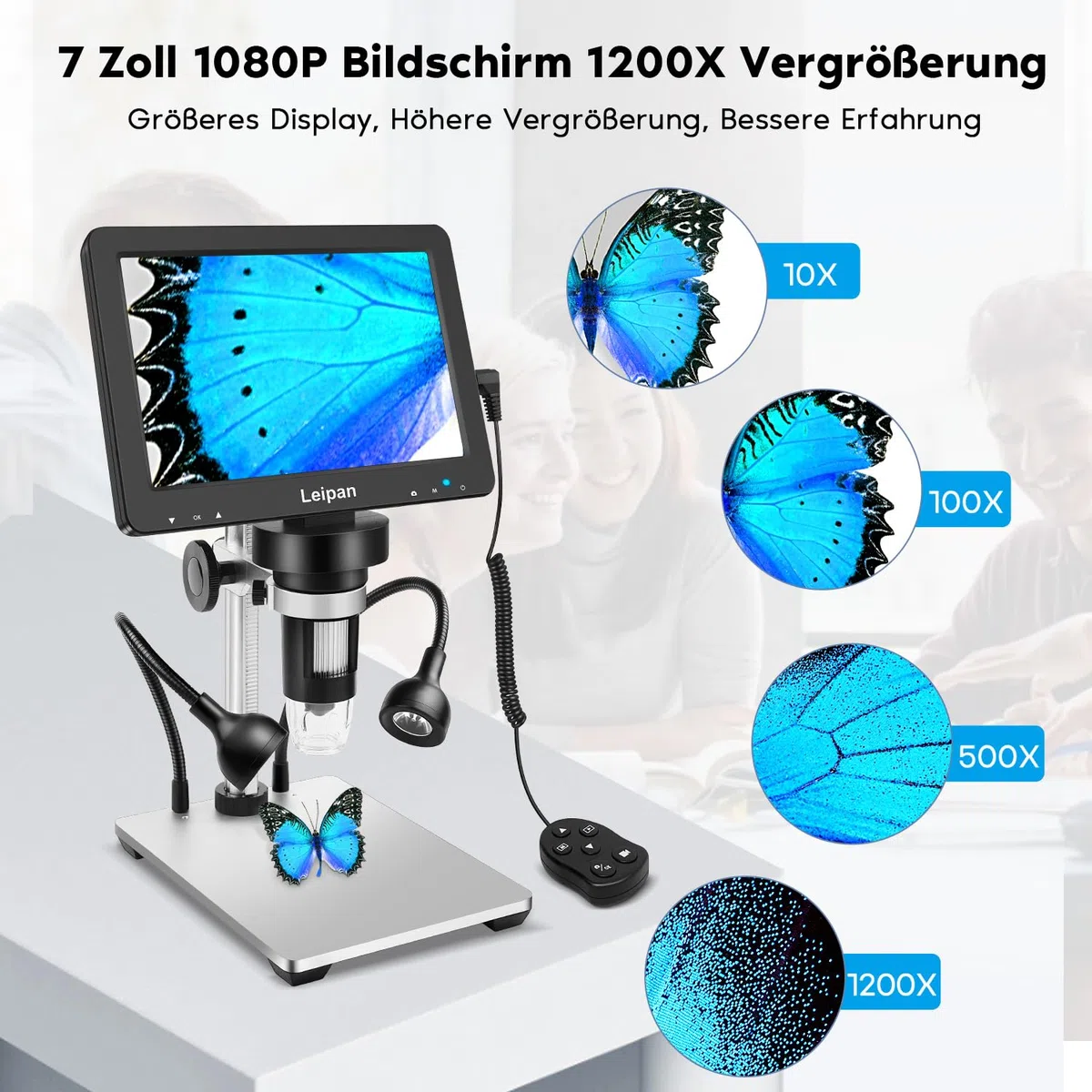 Leipan 7" LCD Mikroskop Digital 1200X mit Bildschirm, 12MP USB Microscope für 1080P Video, inkl., Beleuchtung & Fernbedienung, Kompatibel mit Windows/Mac OS