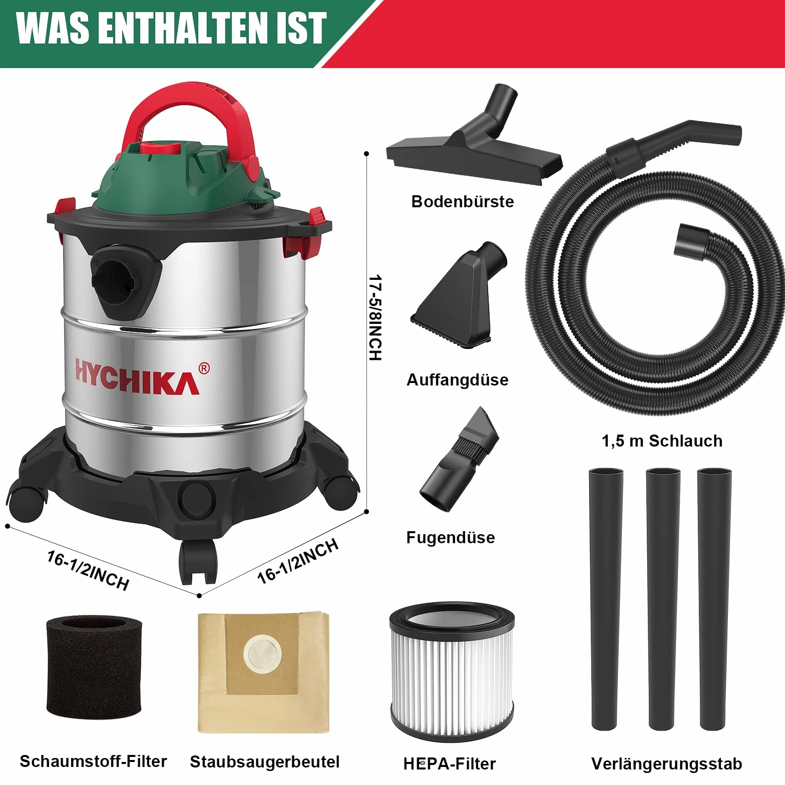 HYCHIKA Nass Trockensauger, 1200W Industriestaubsauger 20L Edelstahlbehälter, Nass- & Trockensauger Blasen, mit HEPA-Filter und Zubehör ideal für Industrie und Haushalt