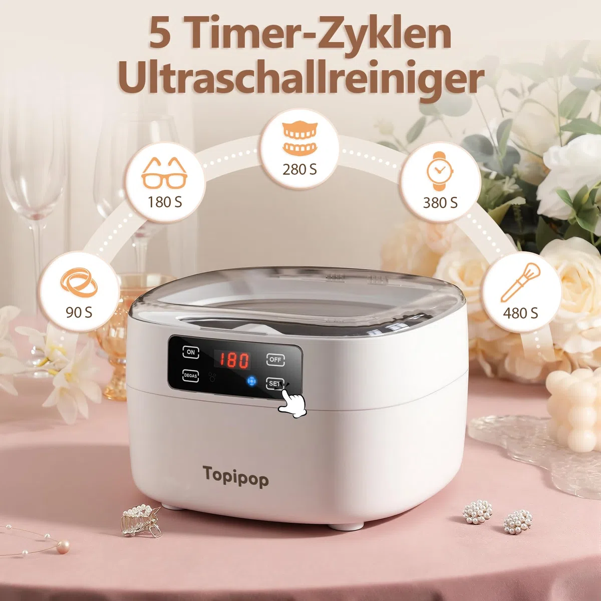 Topipop Ultraschallreinigungsgerät, 48000Hz Ultraschallreiniger, 750 ml brillenreinigungsgerät, professionelles Ultrasonic Cleaner zum Reinigen von Brillen, Uhren, Ringen, Rasierklingen (White)