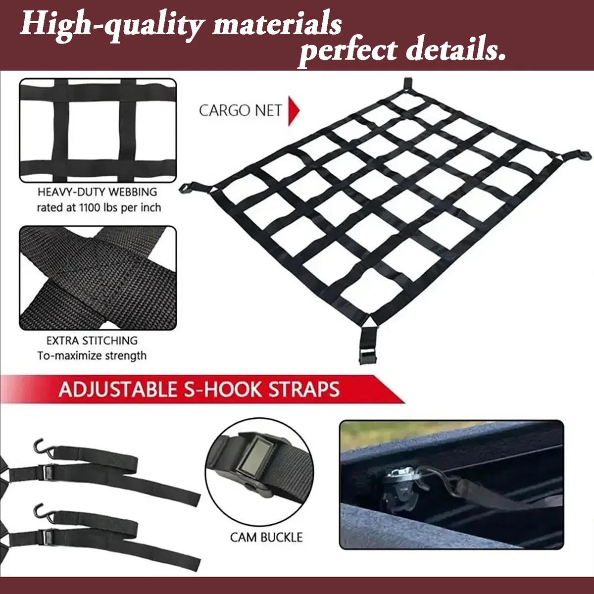 Ladungssicherungsnetz,Cargo Net,Luggage Net for Trailers,Ca. 127x106cm,Rissfest,4 Gurte,Geeignet Für Lkws,Anhänger,Pickup-Trucks,Suvs Usw.,Schwarz