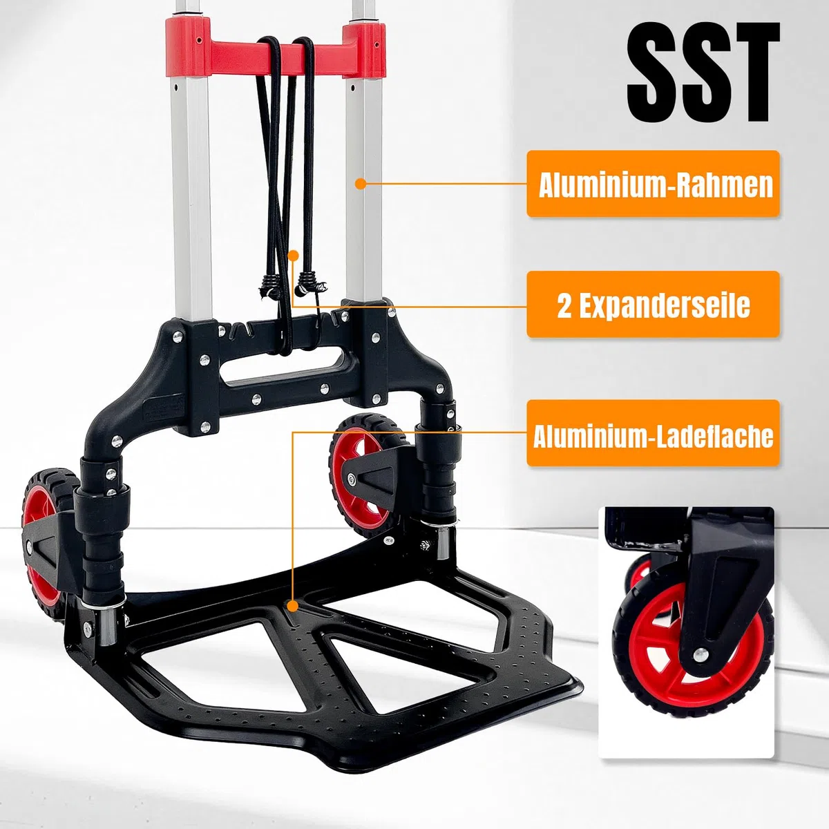 SST Tragbarer Aluminium-Klappkofferwagen, 60 kg Tragkraft, Einkaufswagen mit Rädern und Griffen, ideal für den Transport und Umzug innerhalb von Wohnungen, Lagerhäusern, Supermärkten und Büros