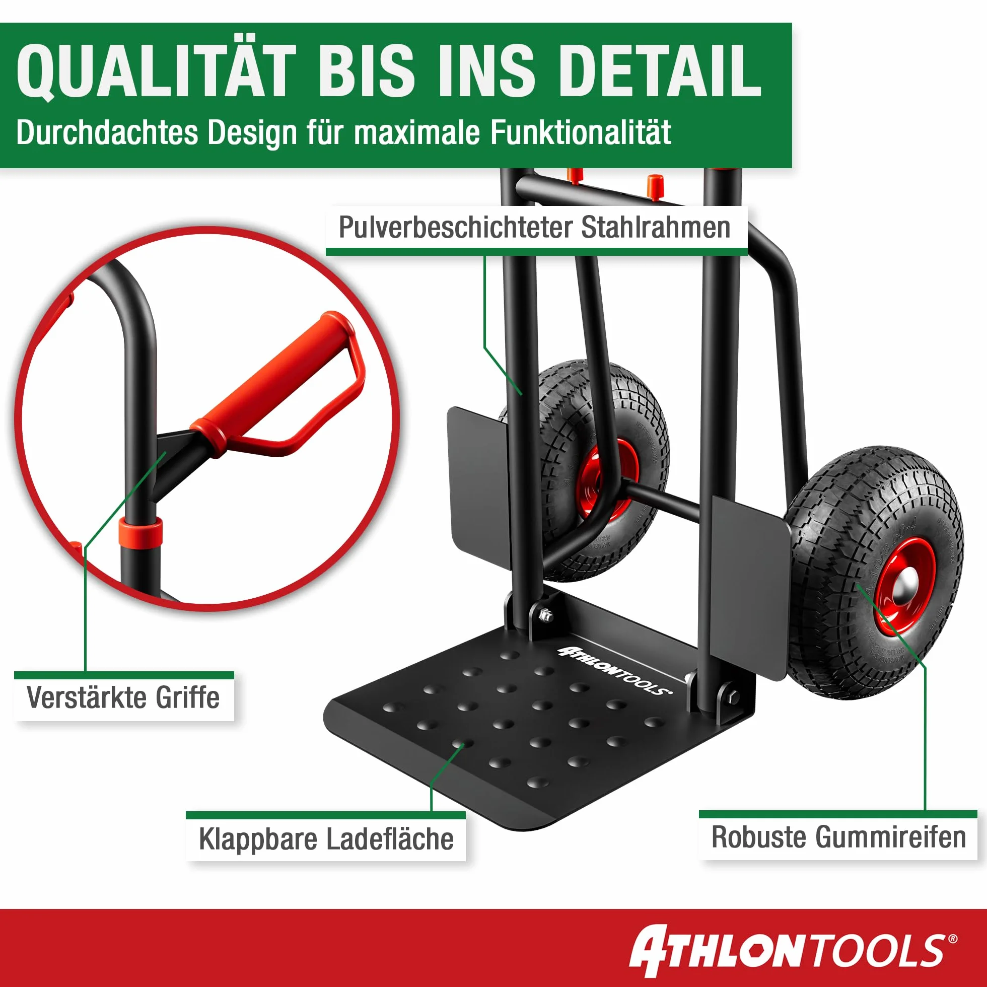 ATHLON TOOLS Schwerlast Sackkarre Vollgummireifen 200kg – Stahlrahmen mit luftgefüllten Reifen, große Räder leichtgängig & stoßarm, platzsparend zusammenklappbar