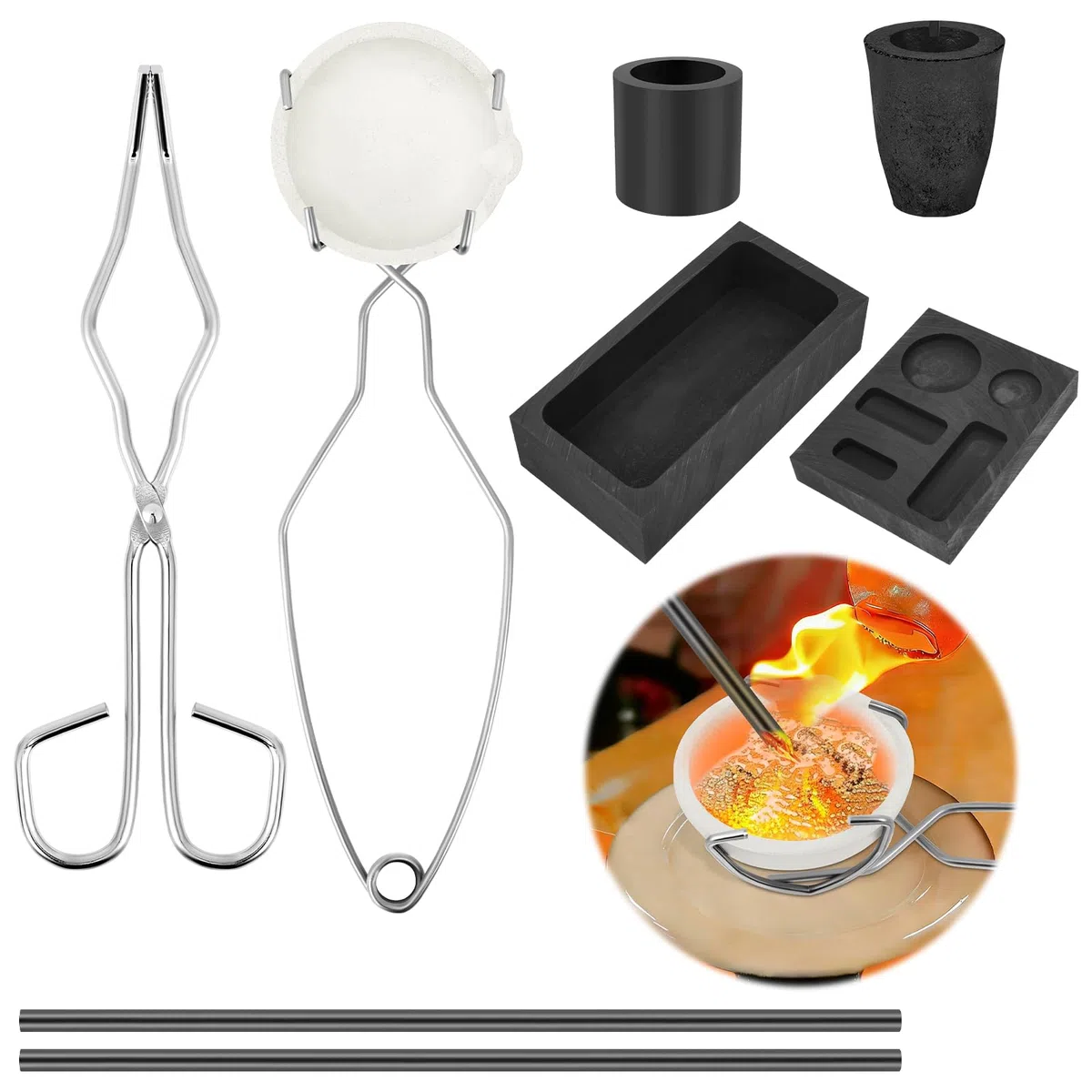 8-teiliges Goldschmelz-Set, Graphittiegel und Zange | Schmelzofen Set für Legierungsschmelze, 5-in-1 Gussform für Labor, Gold und Silber.