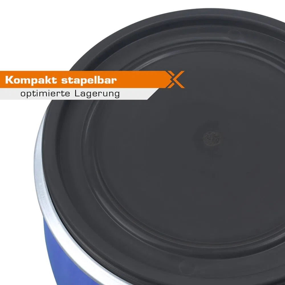 HEMMDAL Spannringfass 85 Liter | Lebensmittelecht | BPA-freier Kunststoff | Stapelbar | 2 Tragegriffe | 340 mm Öffnung | Made in Europe | Mit Deckel | Rund | Blau