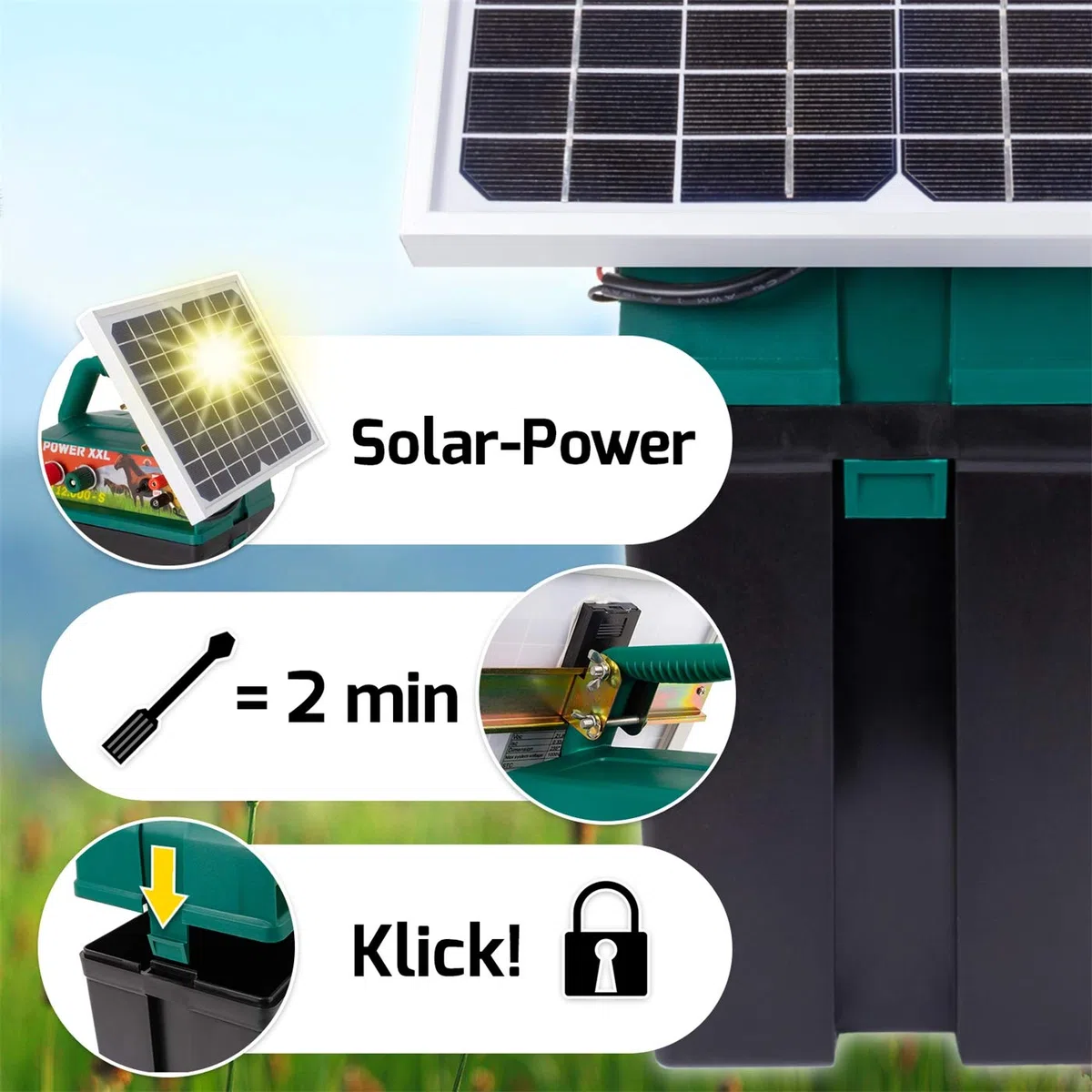 VOSS Power XXL B 12.000-S, 10.800V Starkes Solar-Weidezaungerät 9V 12V, inkl. 55Ah Batterie und Warnschild, Hocheffektives Solarmodul, Für Pferde, Ponys, Hund, Katze, Reiher, Rind, Schwein