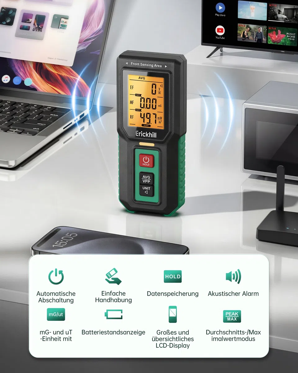 ERICKHILL EMF Messgerät 3-in-1, Tri-Achsen Elektrosmog Messgerät für EF/MF/RF, RF Detector mit LCD Anzeige, Wiederaufladbar, 3 Alarmmodi für Zuhause & Büro