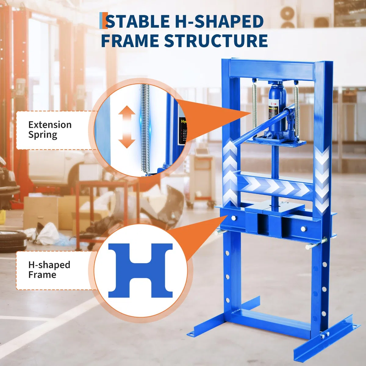 6T Hydraulikpresse H-Rahmen – Höhenverstellbarer Arbeitstisch mit Pressplatten – Metallbearbeitung, Lager-/U-Gelenk-Montage, Biegen, Richten – Industrie & Werkstatt, Blau