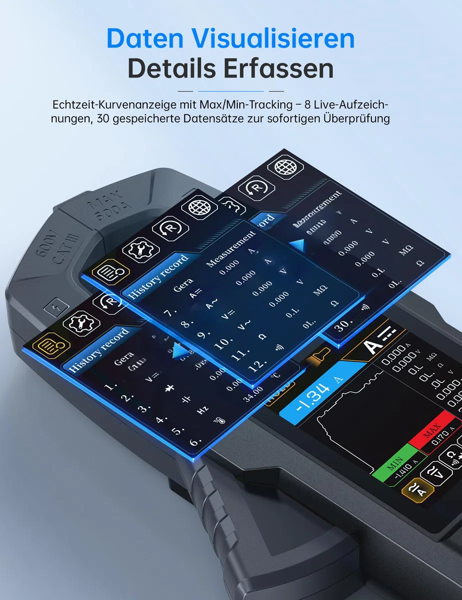 FNIRSI DMC-100 Digitales Zangenamperemeter, 9999 Counts TRMS-Multimeter, 600A Kurvenaufzeichnung, wiederaufladbares Amperemeter mit Aufbewahrungstasche, NCV, AC/DC-Spannungsstrom, Durchgangskapazität
