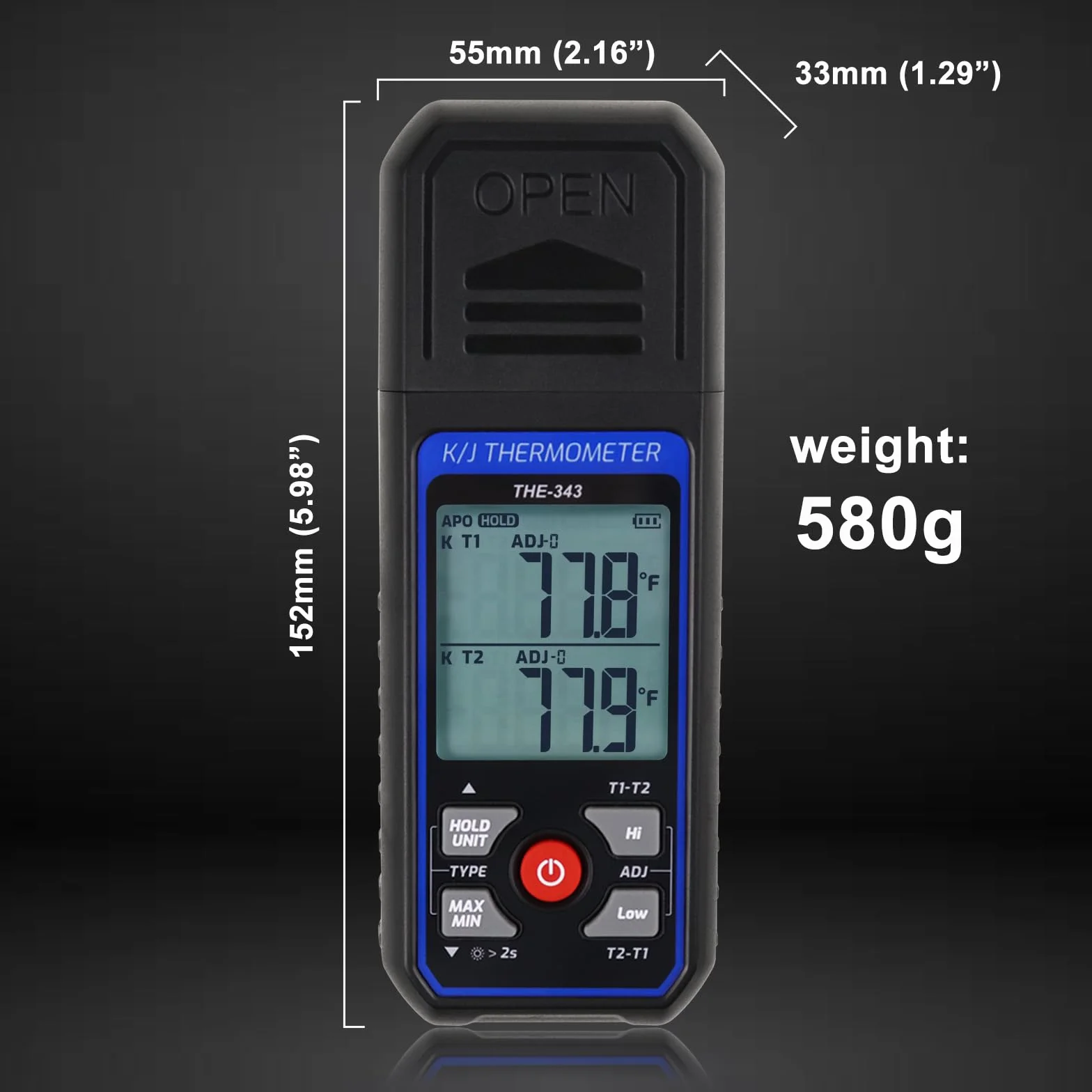 Thermoelement-Thermometer, digital, Typ K/J, mit 4 Thermoelementen vom Typ K, HVAC-Thermometer mit Alarm und Adj-Kompensation, Temperaturmessgerät, Messbereich -200 °C bis 1372 °C