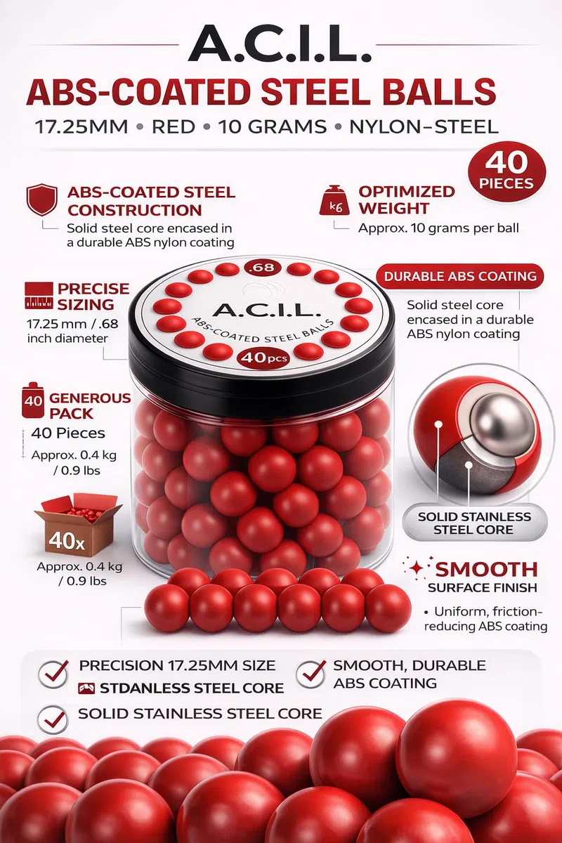 A.C.I.L. ABS-beschichtete Stahlkugeln, 17,25 mm, rot, 10 Gramm Nylon-Stahl .68, 40 Stück