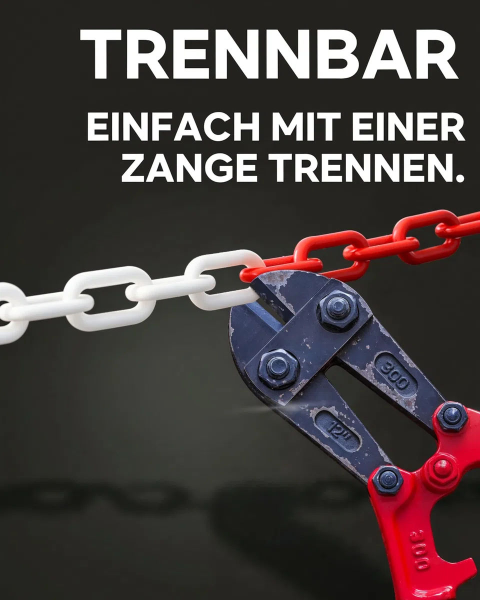 Absperrkette Rot Weiß Kunststoff - UV-Beständig & Witterungsfest – Inkl. 4x S-Haken, 1x Karabiner & Schraub-Karabiner – Absperrkette Kunststoff 25m zur Absperrung im Außenbereich - Absperrkette 25m