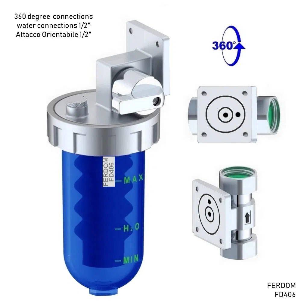 FERDOM Poliphosphatspender Feeder für Wassersysteme gegen Zunder und Korrosion. Ventil & Bypass, Messingkopf, blauer SAN-Behälter, 360 Grad 1/2 ”(DN15) Wasseranschluss. Mit Nachfüllung für 20m3 Wasser
