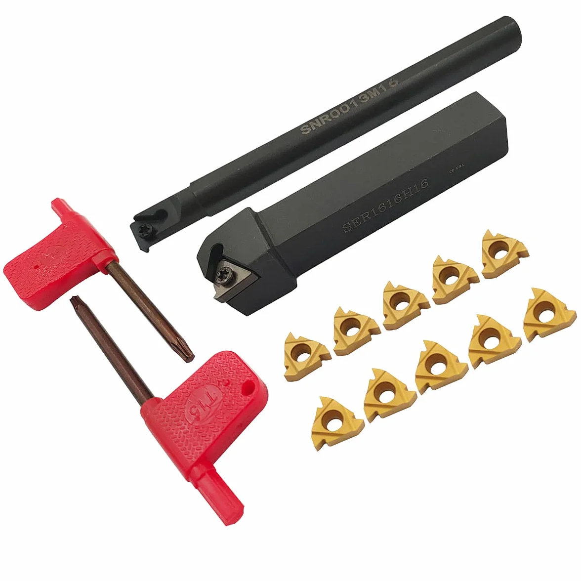 Bohrstange SNR0013M16+SER1616H16 Drehmaschinen-Innengewindeeinsätze, Drehwerkzeughalter mit 5 Stück 16ER AG60+5 Stück 16IR AG60 Hartmetalldreheinsätzen.