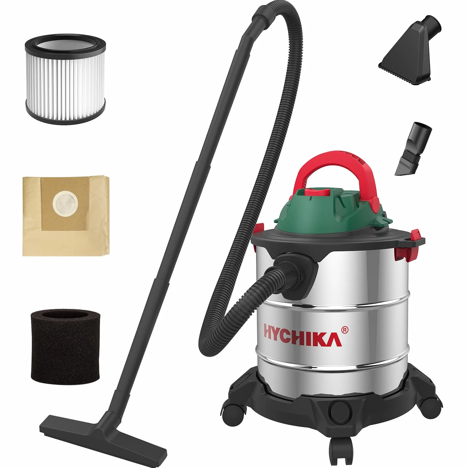 HYCHIKA Nass Trockensauger, 1200W Industriestaubsauger 20L Edelstahlbehälter, Nass- & Trockensauger Blasen, mit HEPA-Filter und Zubehör ideal für Industrie und Haushalt