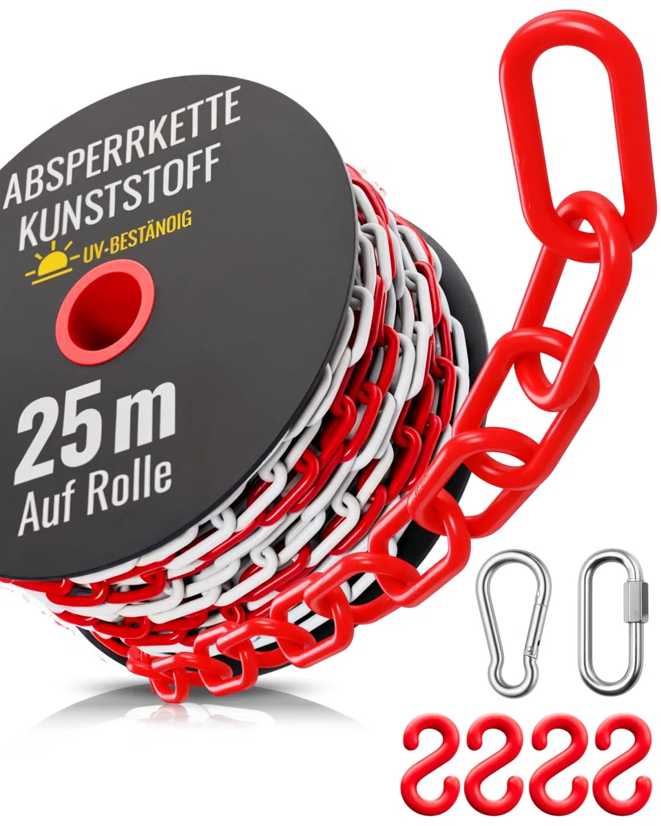 Absperrkette Rot Weiß Kunststoff - UV-Beständig & Witterungsfest – Inkl. 4x S-Haken, 1x Karabiner & Schraub-Karabiner – Absperrkette Kunststoff 25m zur Absperrung im Außenbereich - Absperrkette 25m
