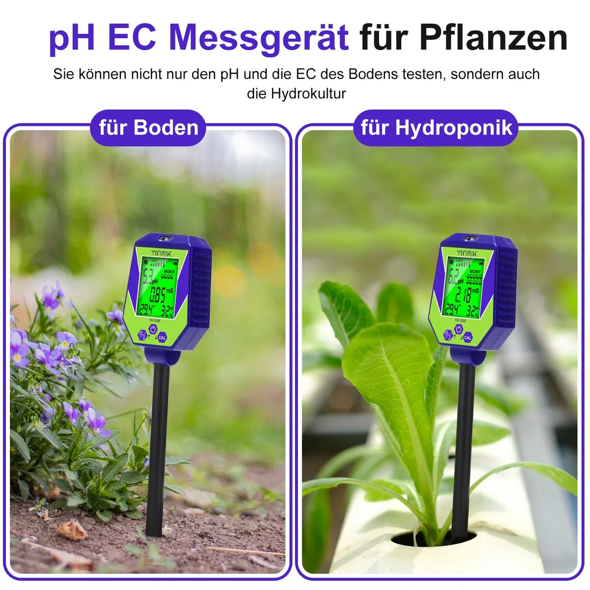pH Leitfähigkeit Messgerät für Boden und Wasser, Pflanzen pH Feuchtigkeits Messgerät, Boden pH EC Messgerät, 6 in 1 Bodentestkits für pH/Feuchtigkeit/Leitfähigkeit/Licht/Luftfeuchtigkeit/Temperatur