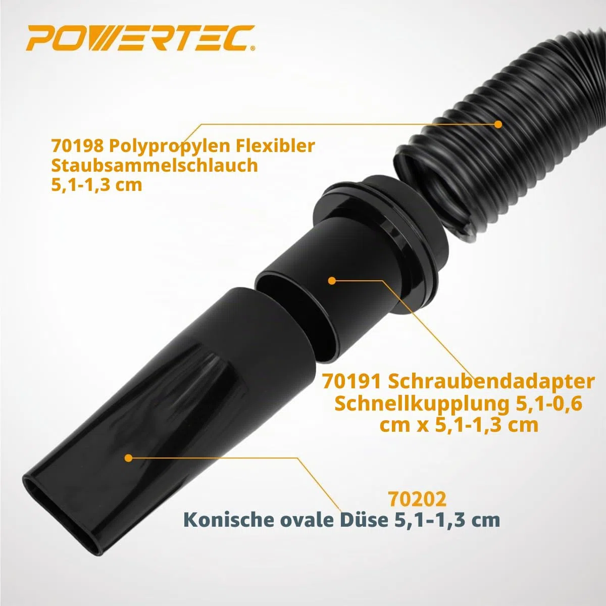 POWERTEC 70208V Staubsammelschlauch-Set, flexibel, 6,4 cm, Schwarz