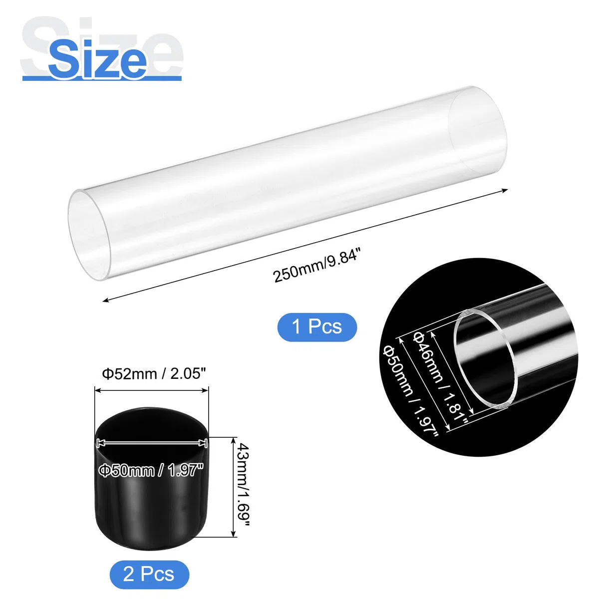 sourcing map Transparentes starres Acrylrohr, 46 mm Innendurchmesser x 50 mm Außendurchmesser, 25,4 cm, rund, Polycarbonatrohr, Kunststoffschlauch mit Gummikappen für Sanitär, Beleuchtung, Aquarium