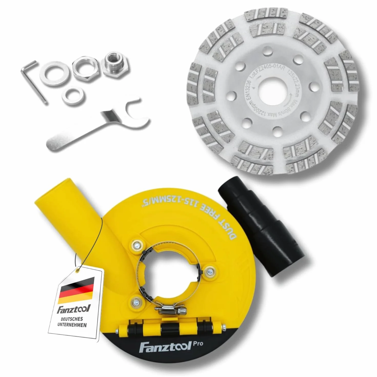 FANZTOOL 3.Generation Absaughaube für Winkelschleifer inkl. 125 mm Diamantschleiftopf PROFI QUALITÄT – Bürsten Auswechselbar – 99% Universal passend – Verstärkter Adapterring – M14 Adapter