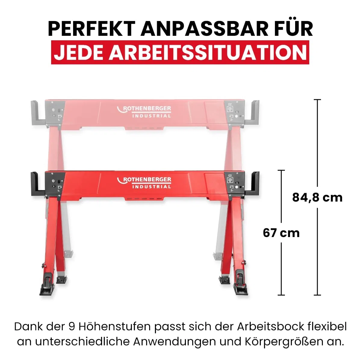ROTHENBERGER Industrial Duo Falt Arbeitsbock, Sägebock, Unterstellbock, Klappbock 2er Set höhenverstellbar, klappbar, bis 600 kg belastbar