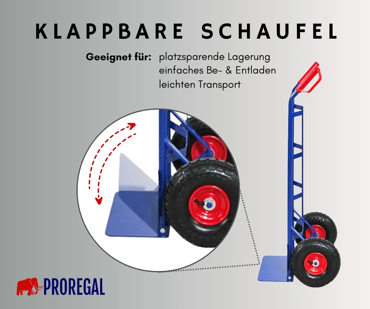 PROREGAL Sackkarre Odin | HxBxT 115x54,5x44,5cm | Tragkraft 200kg| Lufträder | Stahlrahmen | Blau | Transportkarre Staplerkarre klappbar