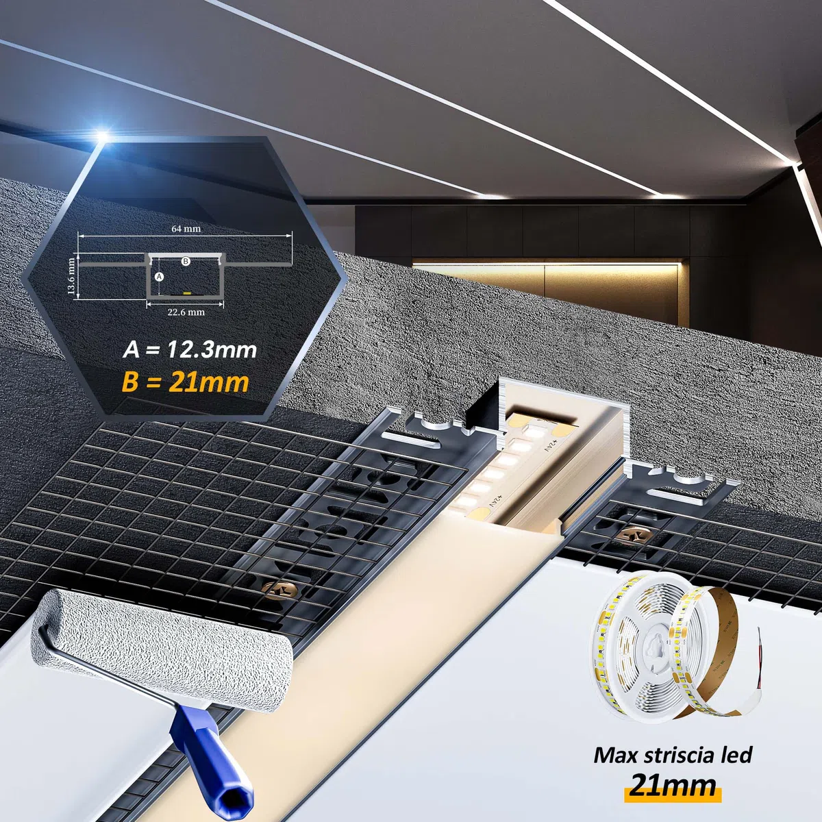 5 x LED Trockenbauprofil 2M Aluminium Profil für Strip Schiene Unterputz Kanal und Diffusor Aufputz für Indirekte Beleuchtung Decker
