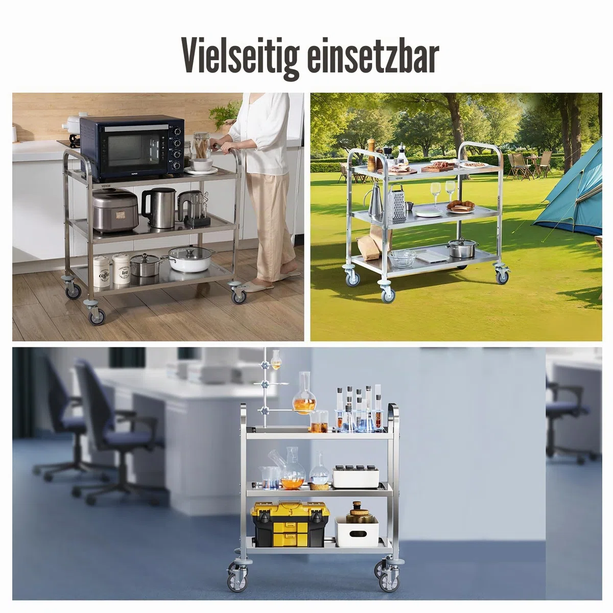 VEVOR Laborwagen Gerätewagen Medizintechnik Servierwagen 201 Edelstahl Tragbar Abräumwagen 100 kg Tragfähigkeit, 740 x 396 x 860 mm Labor Rollwagen Medical Trolley Dreifach-Design Silber