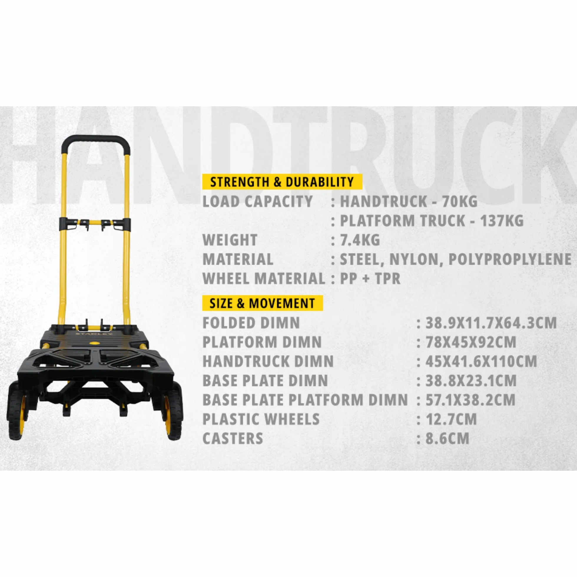 Stanley SXWTD-FT585 2-in-1 Sackkarre und Plattformwagen aus Kunststoff/Stahl - Klappbarer Handwagen mit Robusten Rädern - Transportkarre max. 70KG - Transportwagen max. 137KG