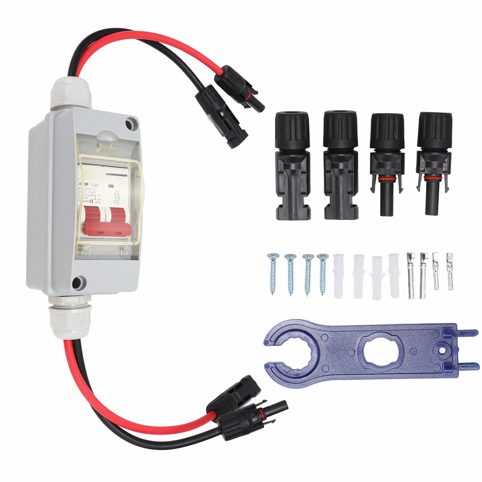 Cocoarm Leistungsschalter MCB 2P DC Combiner Box, Überspannungsschutz, Transparente Abdeckung, IP65, DIN-Schiene, 32 A, Anwendbar für Haushalt, Wohnmobil (Mit Kabel und