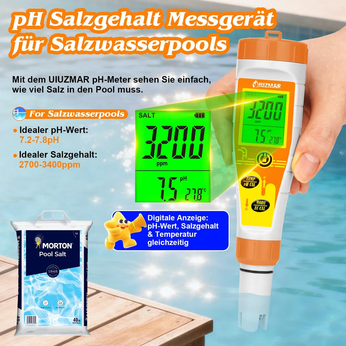 UIUZMAR Pool pH Messgerät und Salzgehalt Messgerät für Salzwasserpools, Digitales Poolwassertester mit 12.88 mS/cm Kalibrierlösung, 5 in 1 pH Salz EC TDS Messgerät für Aquarium, Whirlpools, Hydroponik