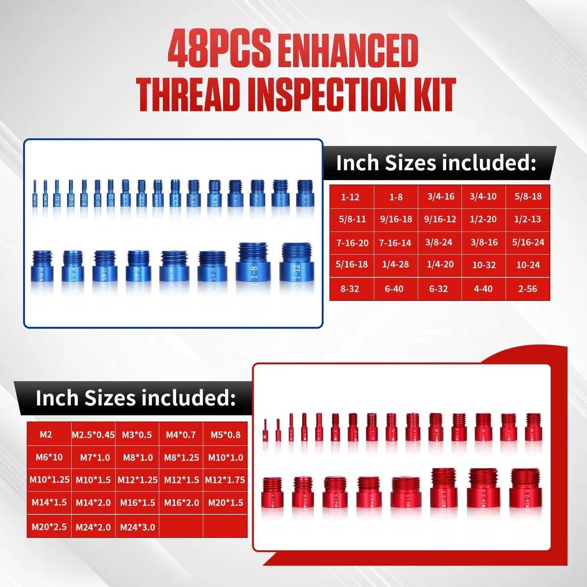 48-teiliges Gewindeprüfset Aluminiumlegierung Thread Checker Satz Schrauben und Metrisch Gewindestrehler satz für Außengewinde