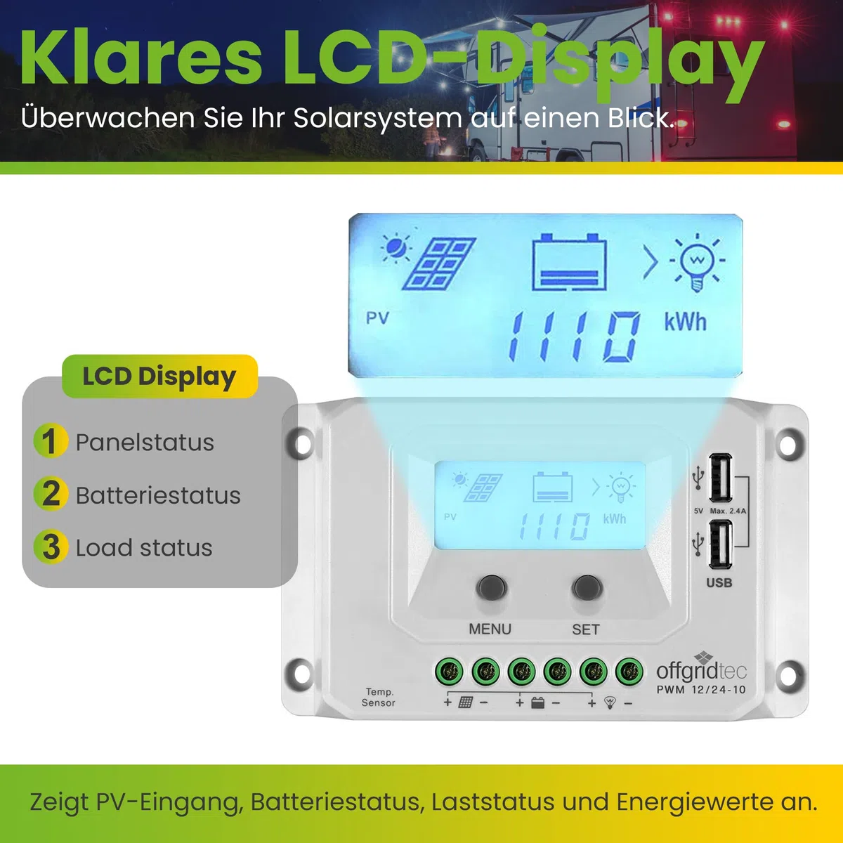 Offgridtec® PWM Pro Laderegler 12V/24V 10A USB