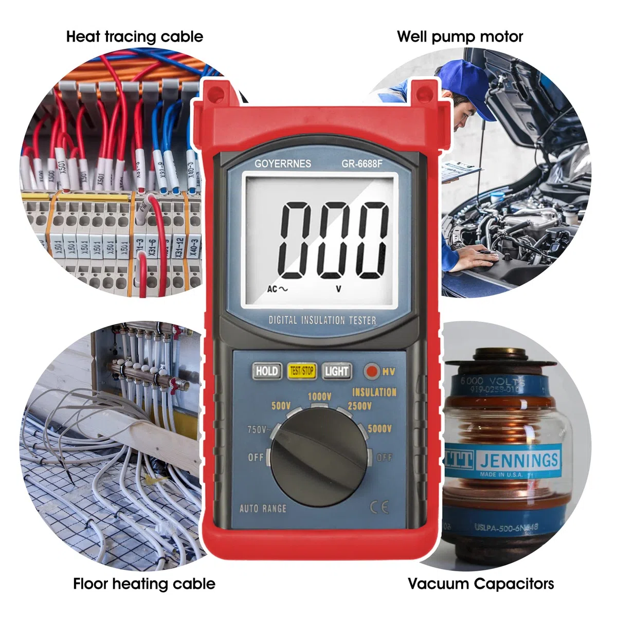 Digital Megohmmeter,GR-6688F Tragbares Megohmmeter,20G Ohm Digitale Isolationswiderstand mit Reichweite 250V/500V/1000V/2500V,Datenhaltung und Hintergrundbeleuchtung,Prüfung für Kabel Motoren