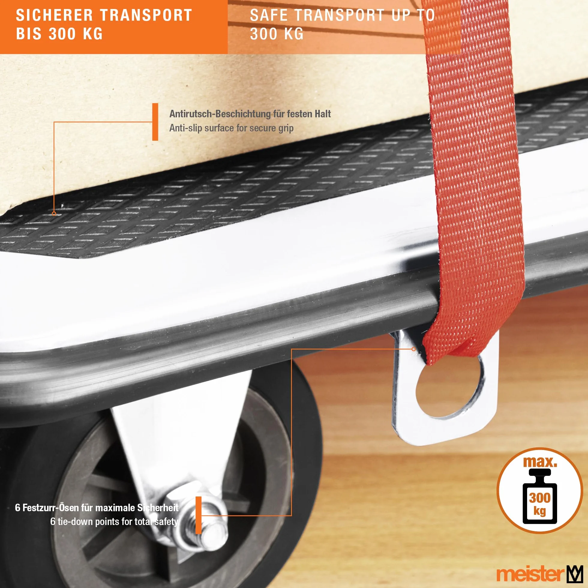 Meister Plattformwagen - Klappbar - Bis 300 kg Tragkraft - Feststellbremse / Transporthilfe mit Lenkrollen / Paketwagen mit Antirutsch-Beschichtung / Klappwagen aus Stahl / 8985540