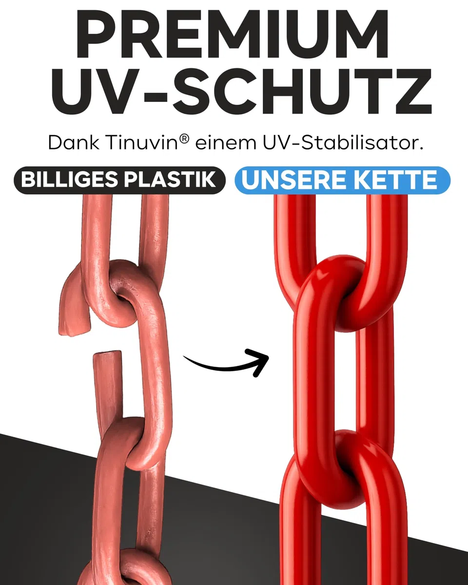 Absperrkette Rot Weiß Kunststoff - UV-Beständig & Witterungsfest – Inkl. 4x S-Haken, 1x Karabiner & Schraub-Karabiner – Absperrkette Kunststoff 25m zur Absperrung im Außenbereich - Absperrkette 25m